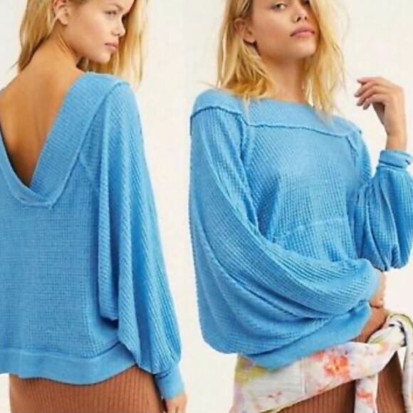 Free People Blue Westend Thermal Top Blouse Womens S Oversized Boho Fall Sweater - Picture 2 of 11